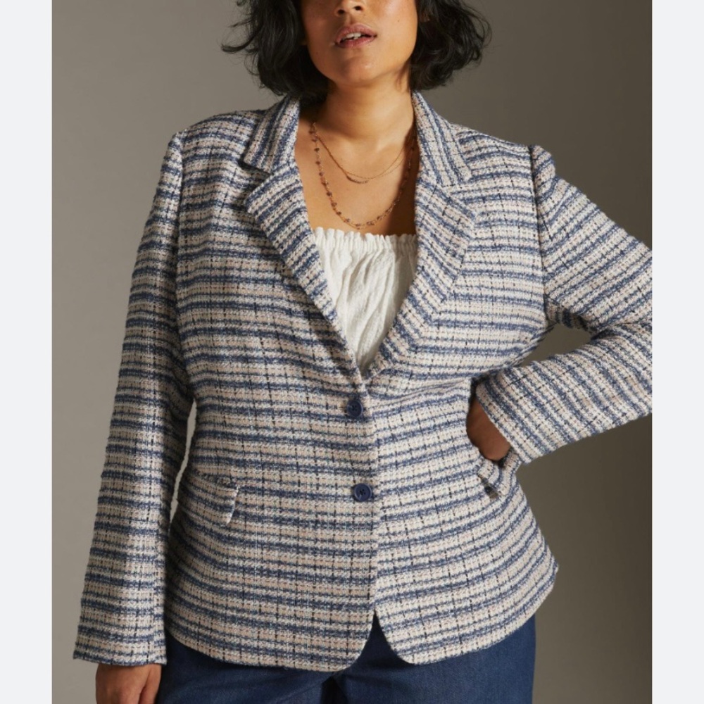 Anthropologie Hutch Tailored Tweed Blazer in Blue Cream size 2X Plaid Woven
